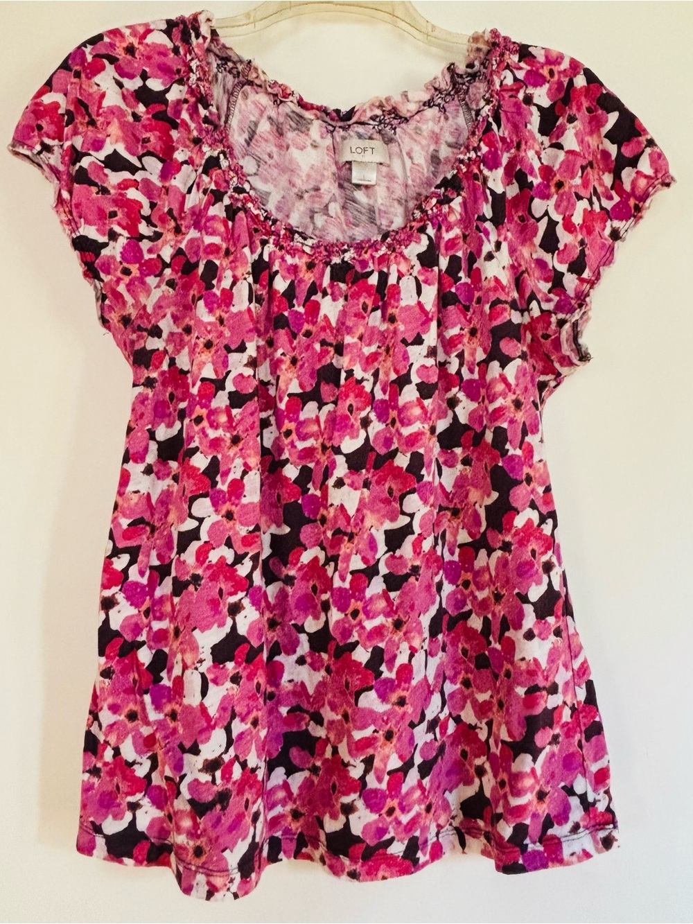 LOFT Pink Magenta Floral Smocked Neck Blouse